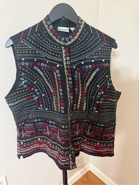 Boho Chico’s  Black Embroidered   Tunic Vest with Red, Blue & Gold Accent size 2